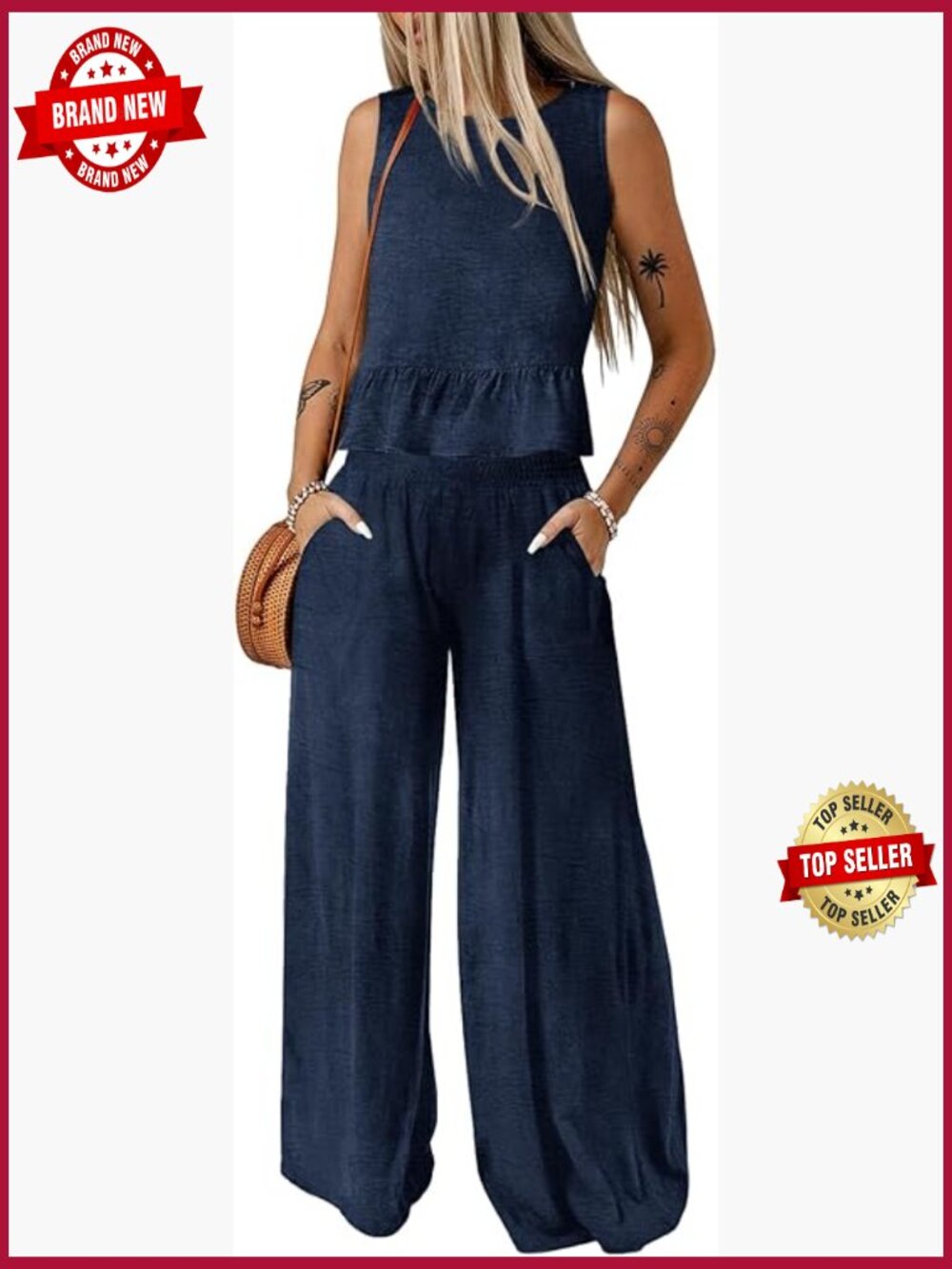 2 Piece Outfit Sleeveless Tank Top Wide Leg Pants Set